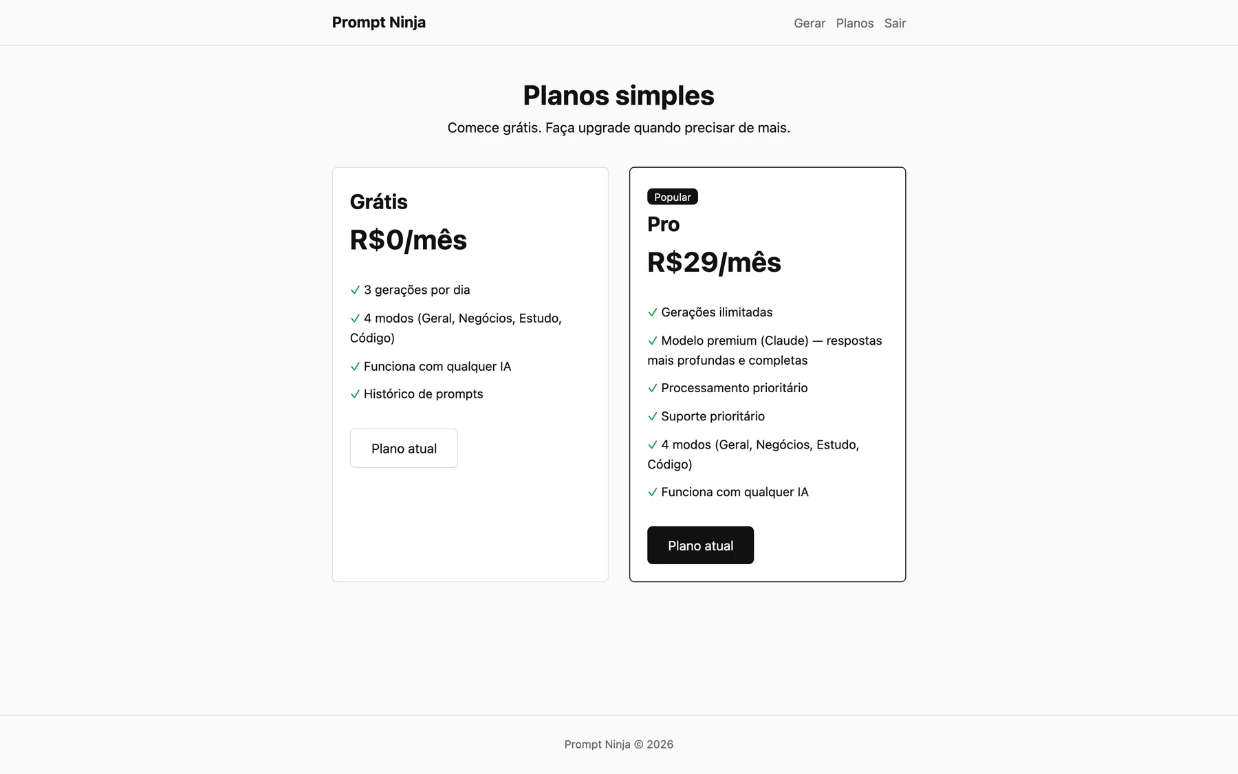 A página de preços